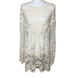 POL Tunic Creme Mesh Lace Crochet Heart Hummingbird Small Medium Cotton